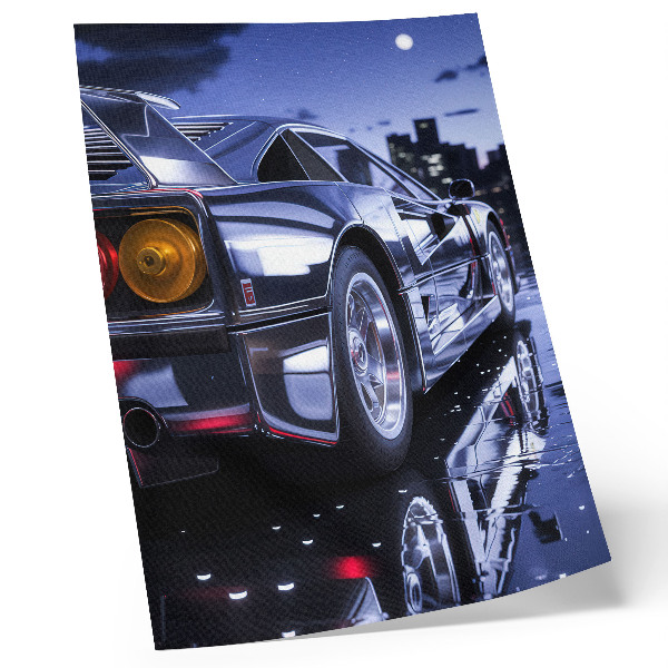 Art print Sports car city night headlights glow