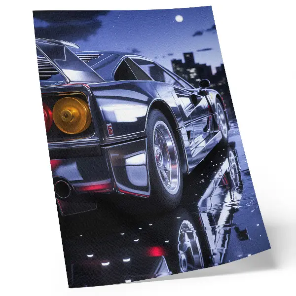 Art print sports car featuring glowing headlights in a city at night