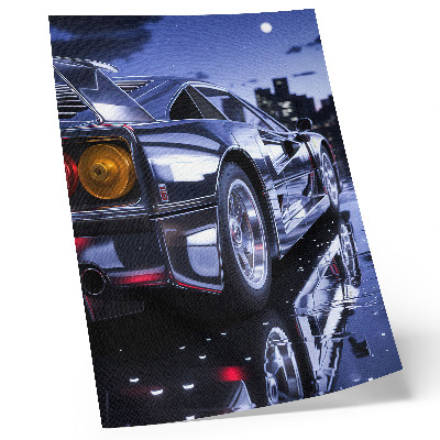 Art print Sports car city night headlights glow