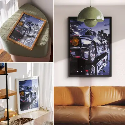 Art print sports car featuring glowing headlights in a city at night
