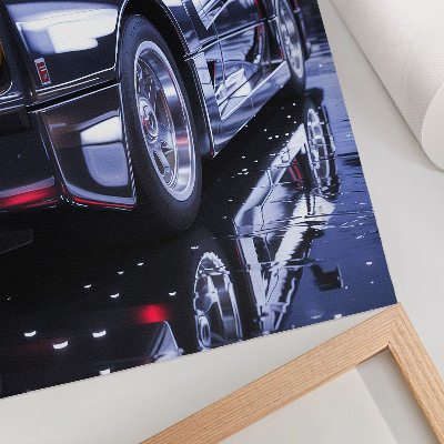 Art print Sports car city night headlights glow