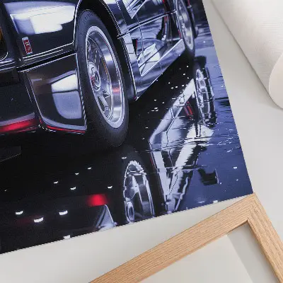 Art print sports car featuring glowing headlights in a city at night