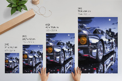 Art print Sports car city night headlights glow