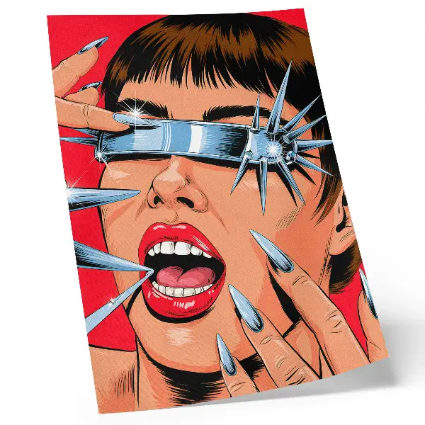 Premium wall art with futuristic elements, intense colors, and dynamic composition