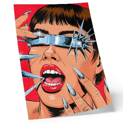 Premium wall art with futuristic elements, intense colors, and dynamic composition