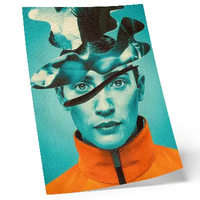 Poster with contrasting colors, surrealism, and dynamic forms