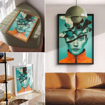 Poster with contrasting colors, surrealism, and dynamic forms