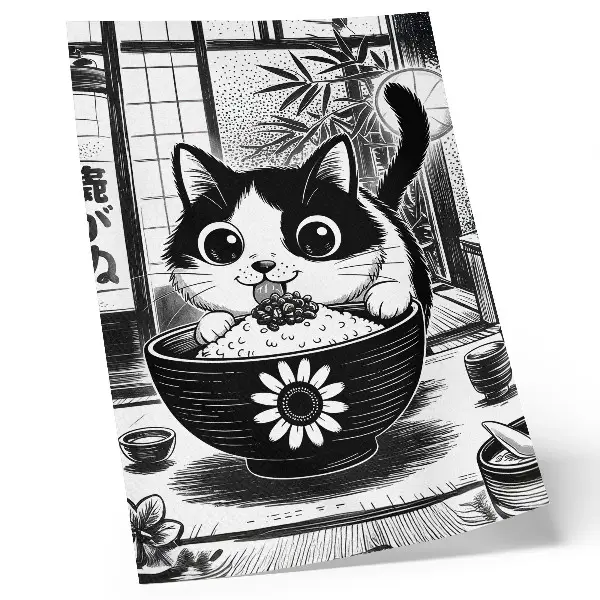 Poster cat in a bowl of rice, comic and eastern style