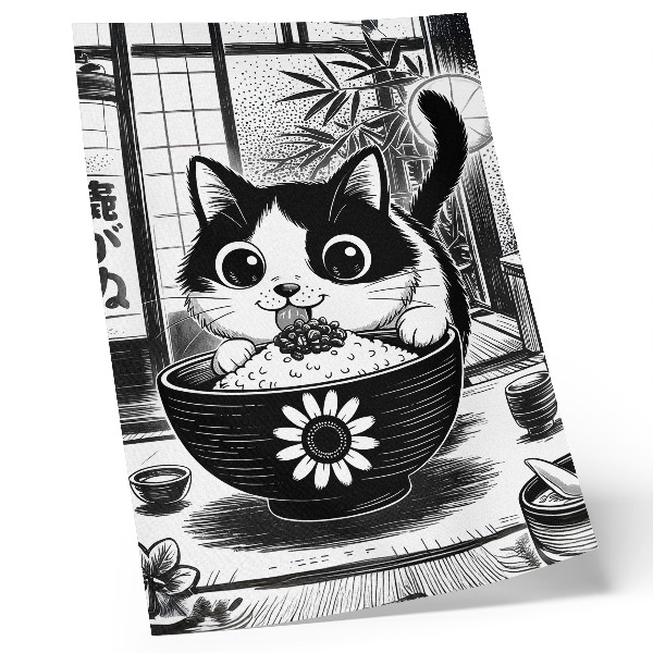 Poster Cat in a bowl of rice, comic style, eastern style