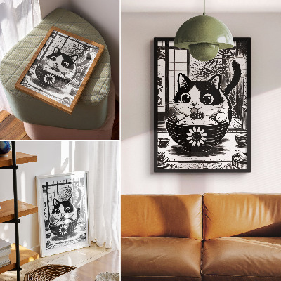 Poster Cat in a bowl of rice, comic style, eastern style