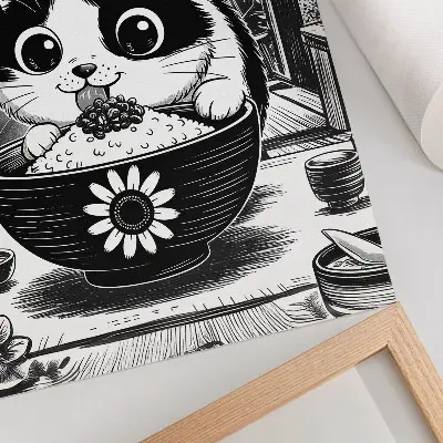 Poster cat in a bowl of rice, comic and eastern style