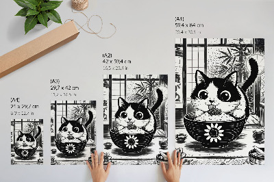 Poster Cat in a bowl of rice, comic style, eastern style