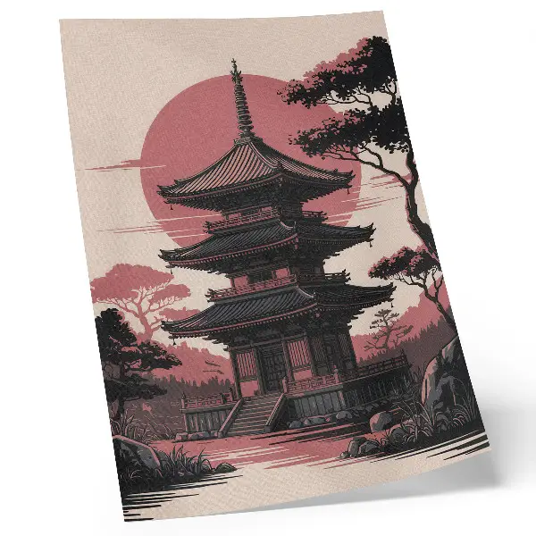 Art print with oriental pagoda nature and trees harmony aesthetic
