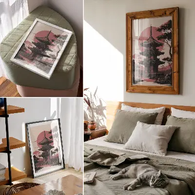 Art print with oriental pagoda nature and trees harmony aesthetic