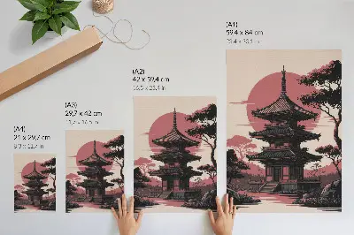 Art print with oriental pagoda nature and trees harmony aesthetic