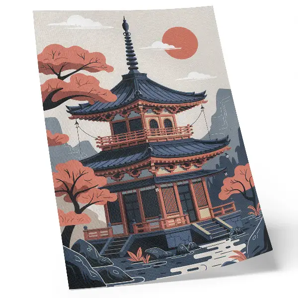 Premium wall art Japanese temple with mountains and trees in pastel colors