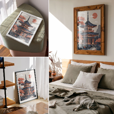 Premium wall art Japanese temple in pastel colors, trees, mountains, peace