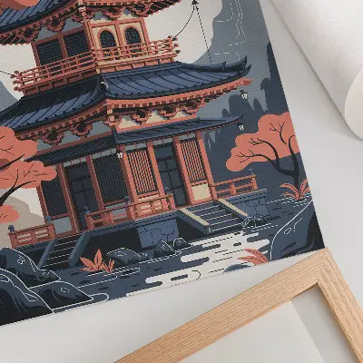 Premium wall art Japanese temple with mountains and trees in pastel colors