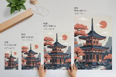 Premium wall art Japanese temple with mountains and trees in pastel colors