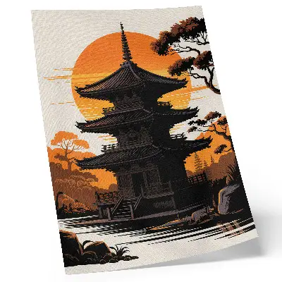 Decorative poster oriental building with a sun, trees, and water