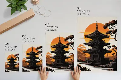 Decorative poster oriental building with a sun, trees, and water
