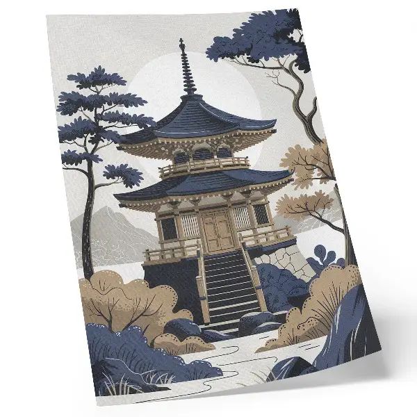 Art print featuring a pagoda, trees, and mountain landscape for peace and harmony