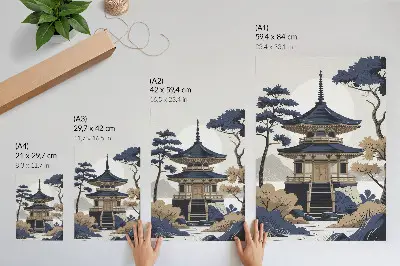 Art print featuring a pagoda, trees, and mountain landscape for peace and harmony