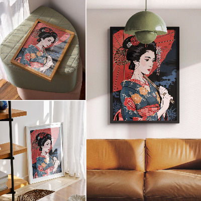 Premium wall art Japanese style woman umbrella colorful night