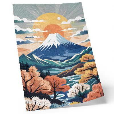 Decorative poster Snow-capped mountains, colorful forest, sunset