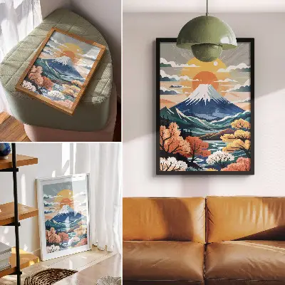 Decorative poster snow-capped mountains with a colorful forest at sunset