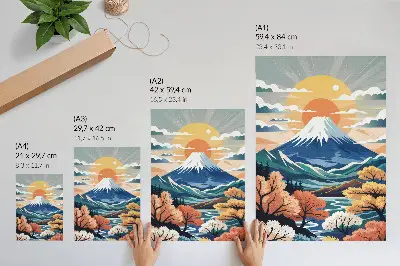 Decorative poster snow-capped mountains with a colorful forest at sunset