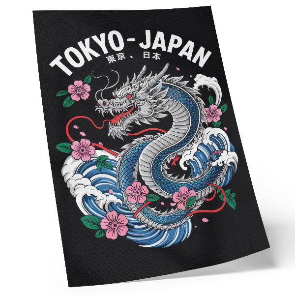 Poster A dragon among flowers and waves, a dynamic composition