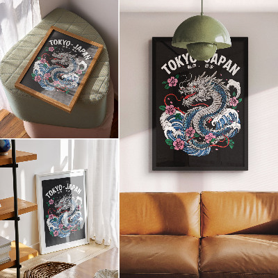 Poster A dragon among flowers and waves, a dynamic composition