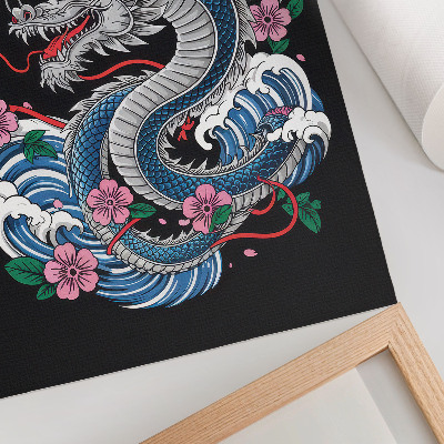 Poster A dragon among flowers and waves, a dynamic composition