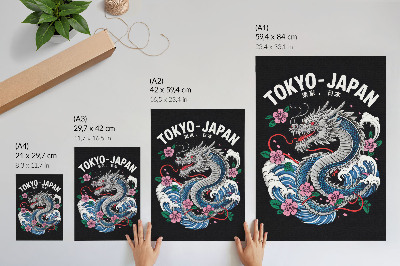 Poster A dragon among flowers and waves, a dynamic composition