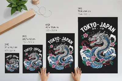 Poster a dynamic composition featuring a dragon among flowers and waves