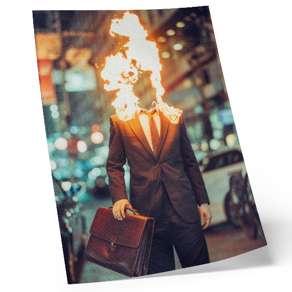 Art print Elegant man with head on fire in the city