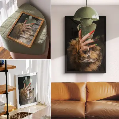 Glass wall art featuring a hand with colorful nails