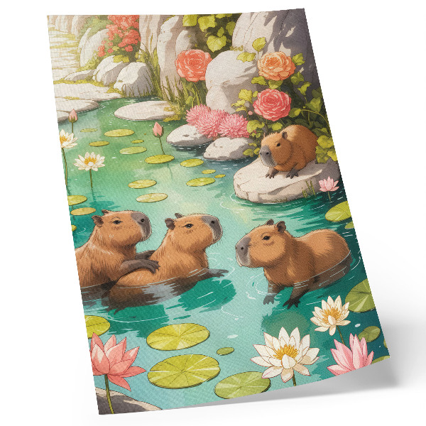Decorative poster Capybaras in the pond flowers harmony of nature