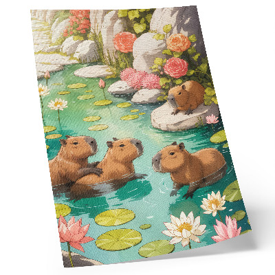 Decorative poster Capybaras in the pond flowers harmony of nature