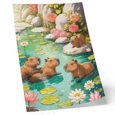 Decorative poster featuring capybaras in a pond with harmonious flowers
