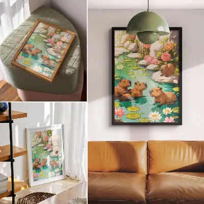 Decorative poster featuring capybaras in a pond with harmonious flowers
