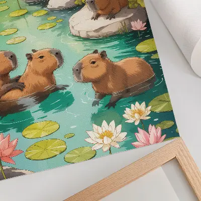 Decorative poster featuring capybaras in a pond with harmonious flowers