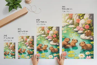 Decorative poster featuring capybaras in a pond with harmonious flowers