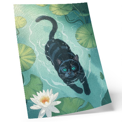 Poster Cat in the water delicate water lily leaves