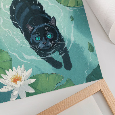 Poster Cat in the water delicate water lily leaves