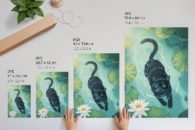 Poster Cat in the water delicate water lily leaves