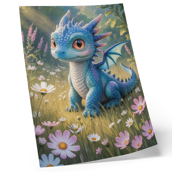Art print A fancy blue dragon among flowers