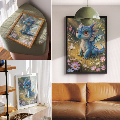Art print A fancy blue dragon among flowers