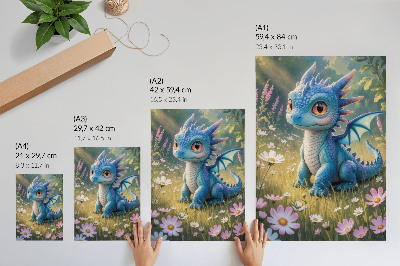 Art print A fancy blue dragon among flowers